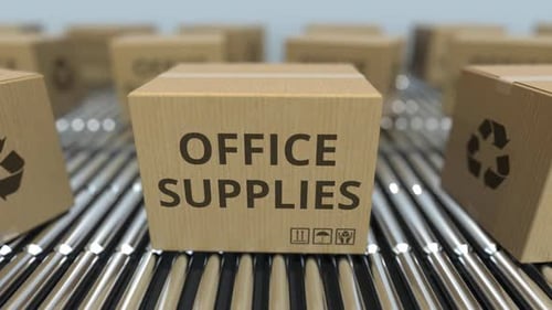 Carton Boxes with OFFICE SUPPLIES Text Move on Conveyor
