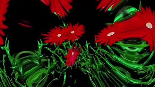 Glossy Abstract Red Flowers and Green Grass Animation
