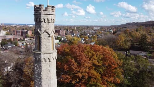 Aerial circular pan around historic watchtower of battlefield monument at stoney creek battlefield p