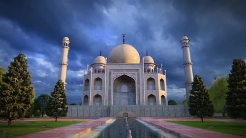Taj Mahal Animation with Reflective Pool and Dramatic Sky