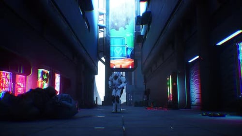 Futuristic Robot Dances in Sci-Fi Cyberpunk City
