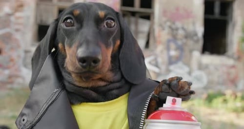Cachorro de Dachshund atrevido em jaqueta de couro está sacudindo tinta spray porque vai desenhar