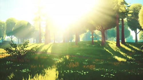 Cartoon Green Forest Landscape with Trees and Flowers