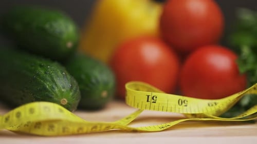 A Side View of Yellow Measuring Tape and Fresh Vegetables on a Wooden Cutting Board
