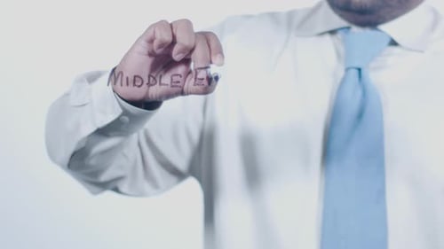 Hand Writes Middle East on Clear White Surface