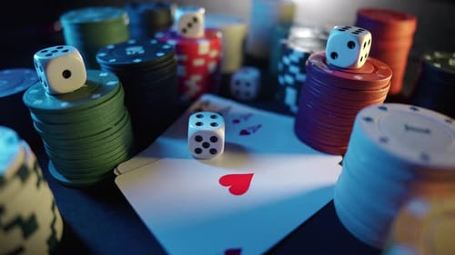 Casino Chips with Dice and Playing Cards on a Dark Table
