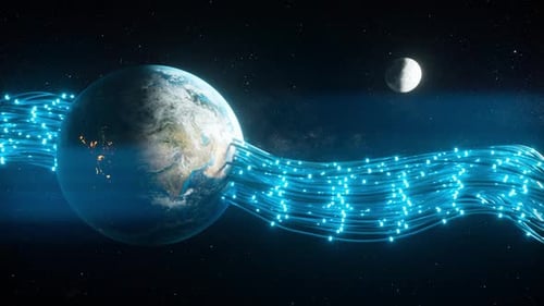 Wires Passing Through the Planet Earth and Giving It Energy. The Pulses Run Along the Fiber Optic