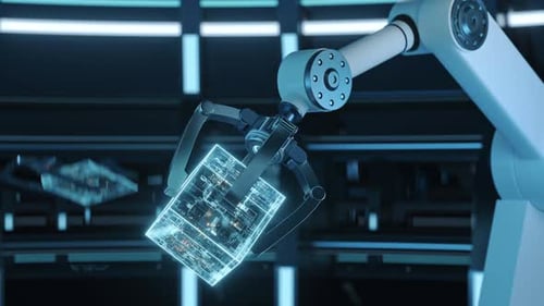 Mechanical arm and cube in a futuristic room