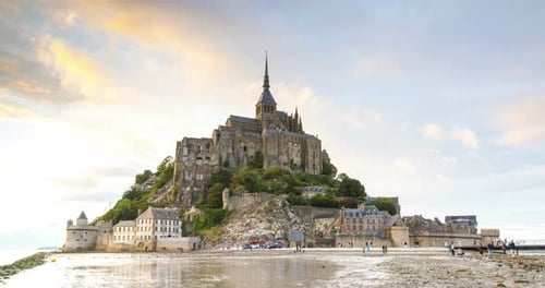 Mont Saint Michel abbey at sunset timelapse, Normandy, France.