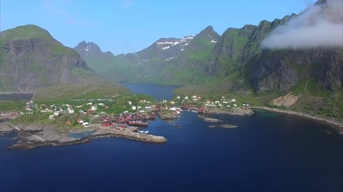 Aerial view of village on Lofoten islands in Norway.