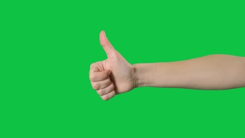 Handgebender Daumen auf und ab auf Greenscreen-Hintergrund