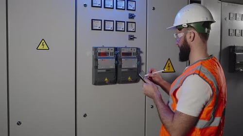 Worker is Checking Electric Panel and Filling Meter Reading in Electronic Report