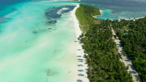 Tropical island, turquoise blue water and white sand, Maldives aerial
