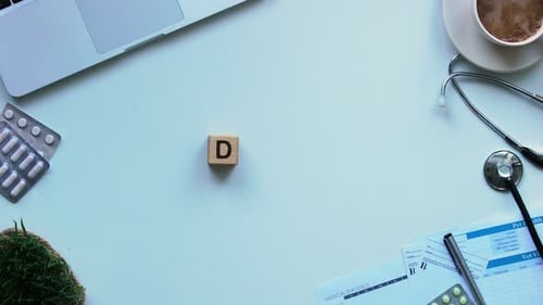 Wooden Blocks Spell Diet, Medical Workspace, Top View