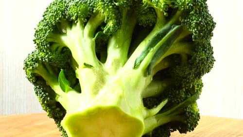 Fresh Green Broccoli Floret Rotating on Table