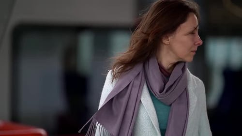 Female Passenger on Open Platform of Railway Station, Waiting Arriving of Her Train