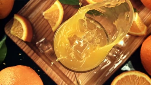 Iced Orange Juice Splash in Slow Motion
