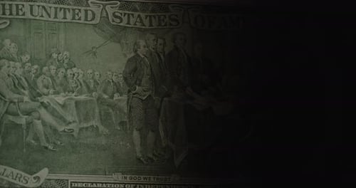 Two Dollars Bill Of Us. 2 Bucks On Black. Signing Declaration Of Independence Of Usa.