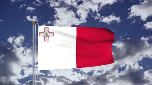 Realistic Waving Malta Flag Animation on Cloudy Sky Background