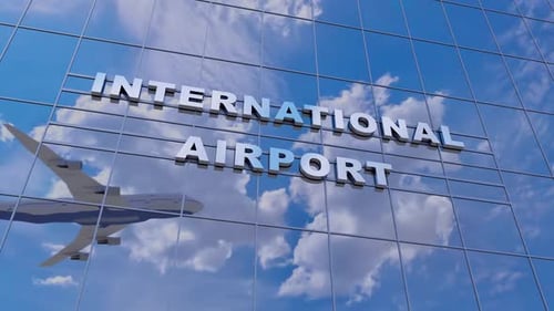 Terminal de aeroporto internacional com companhias aéreas comerciais e avião decolando