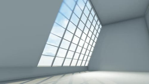 Bright Modern Interior with Large Window and Blue Sky