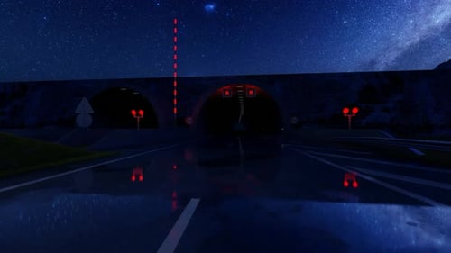 Passing Through the Tunnel on a Wet Road at Night