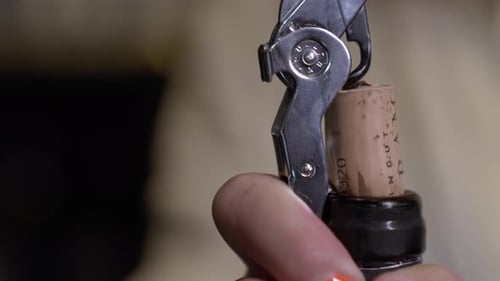 Hands of Woman Opening Bottle of White Wine with a Corkscrew