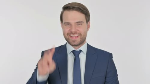 Smiling Man Peace Sign in Business Suit