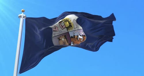 Realistic Waving Flag with National Crest Against Blue Sky