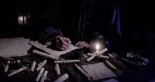 Dimly Lit Quill and Ink Writing at Night