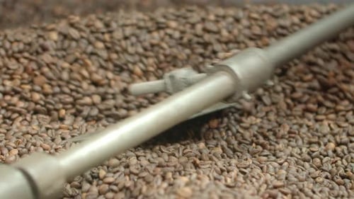 Roasting Coffee Beans in Large Stirring Machine