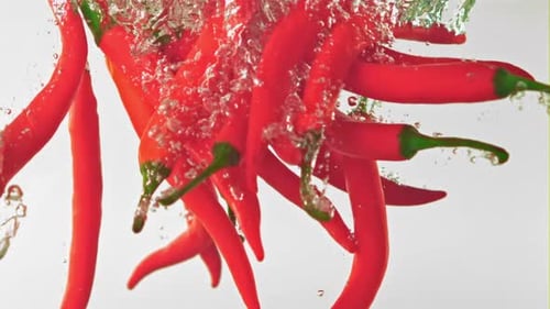 Super Slow Motion Chilli Pepper Falls Under the Water with Air Bubbles