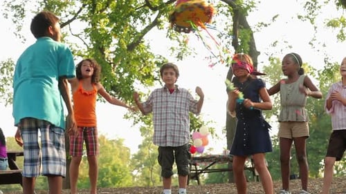 Children Celebrate Birthday with Pinata in Park