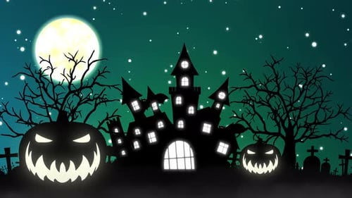 Halloween Background Animation with the Concept of Haunted Castle Moon and Pumpkins