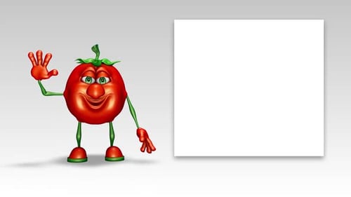 3D Animated Tomato Character Waving and Pointing at Blank Board