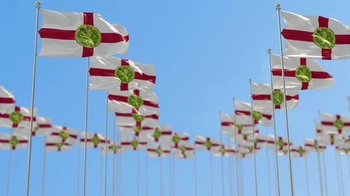 Realistic Flags Waving Against Clear Blue Sky