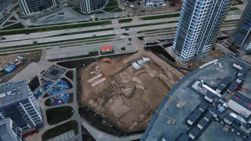 Construction of modern multi-storey buildings. Construction of a new city block.
