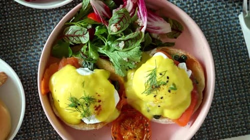 Eggs Benedict Brunch with Salad Overhead Shot