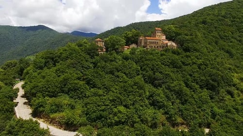Tourism in Kakheti town, aerial shot of famous Nekresi monastery, tourism