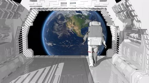 Astronaut Walks in Spaceship, Observing Rotating Earth