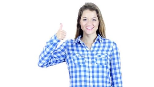 Woman Gives Thumbs Up on White Background