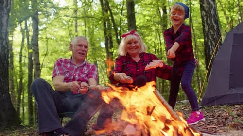 Family Camping Trip Roasting Sausages on Campfire