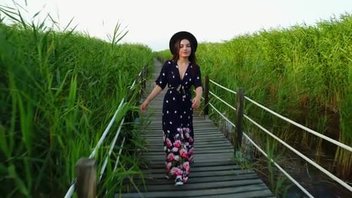 Stylish Woman Walking on Boardwalk Through Green Reeds