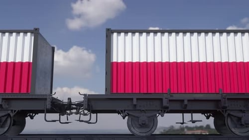 Train et conteneurs avec le drapeau de la Pologne