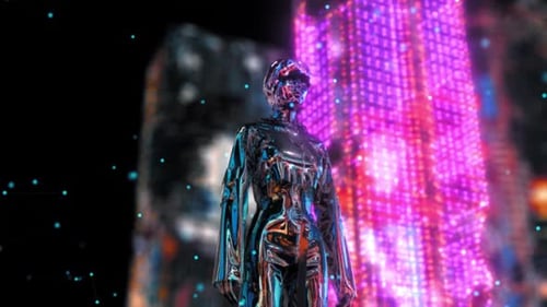 Futuristic Digital Humanoid Standing in Abstract Tech City