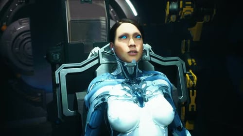 Futuristic Female Cyborg Awakening in a Sci-Fi Lab