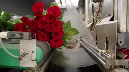Red Roses Being Mechanically Wrapped in Plastic