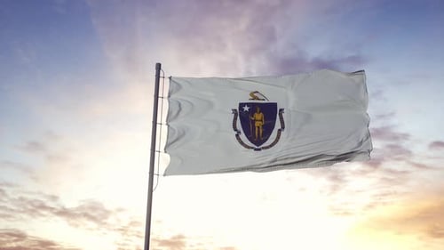 Realistic Massachusetts State Flag Waving at Sunset