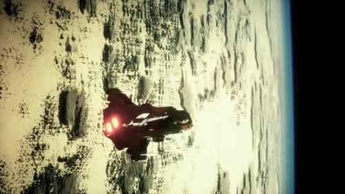 Futuristic Spaceship Flying Over Distant Alien Planet