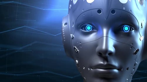 Futuristic Robot Head with Glowing Blue Eyes Technology Concept